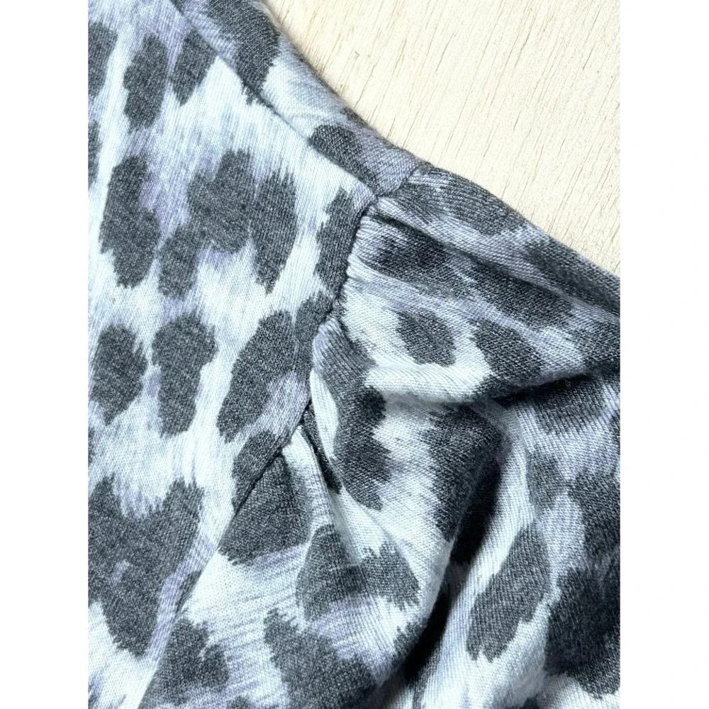Grey Leopard Print Open Front Cardigan Ruffle Bell Sleeve Plus Size 3XL